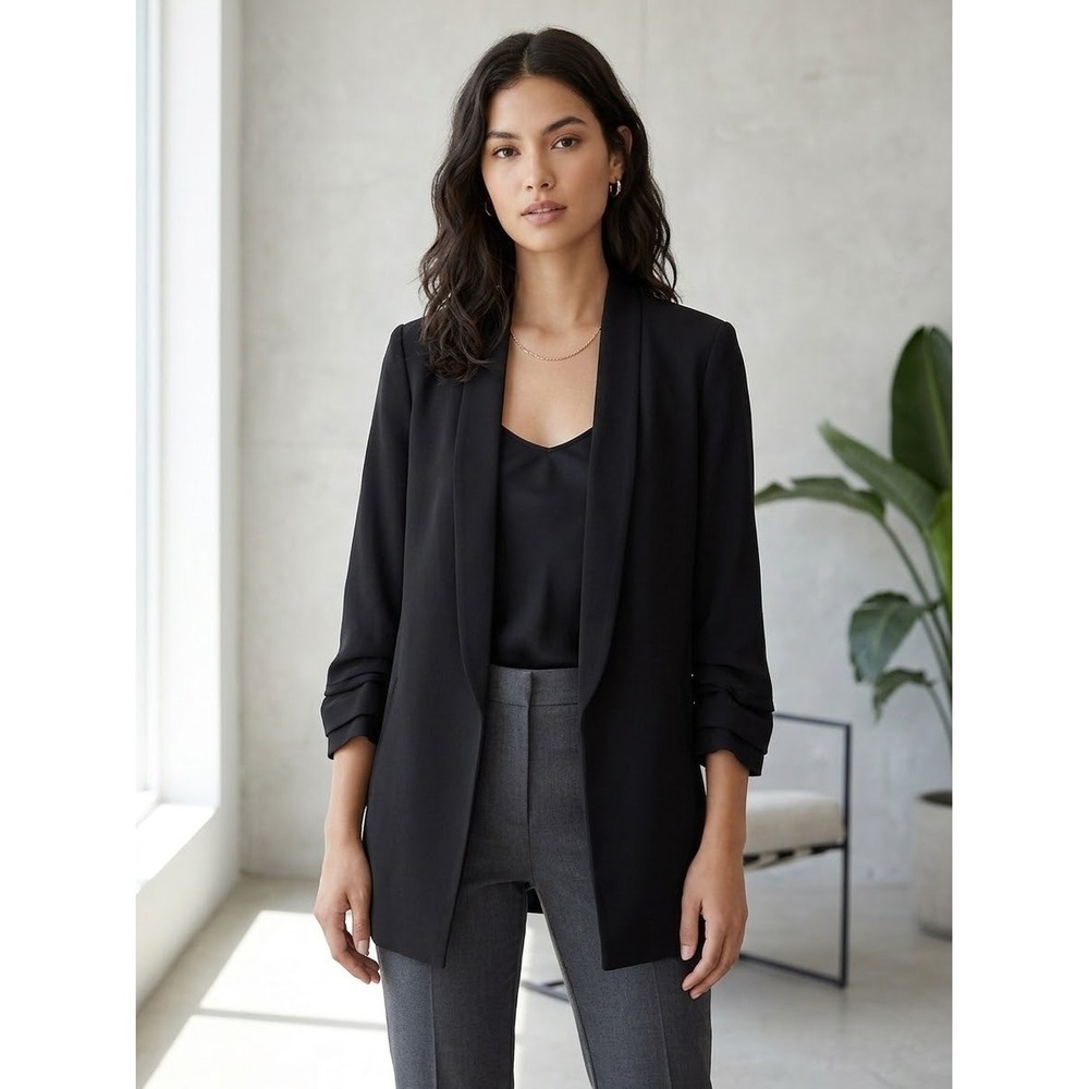 Aritzia Babaton Samuel Blazer Black Ruched 3/4 Sleeve Open Front Jacket Size 2
